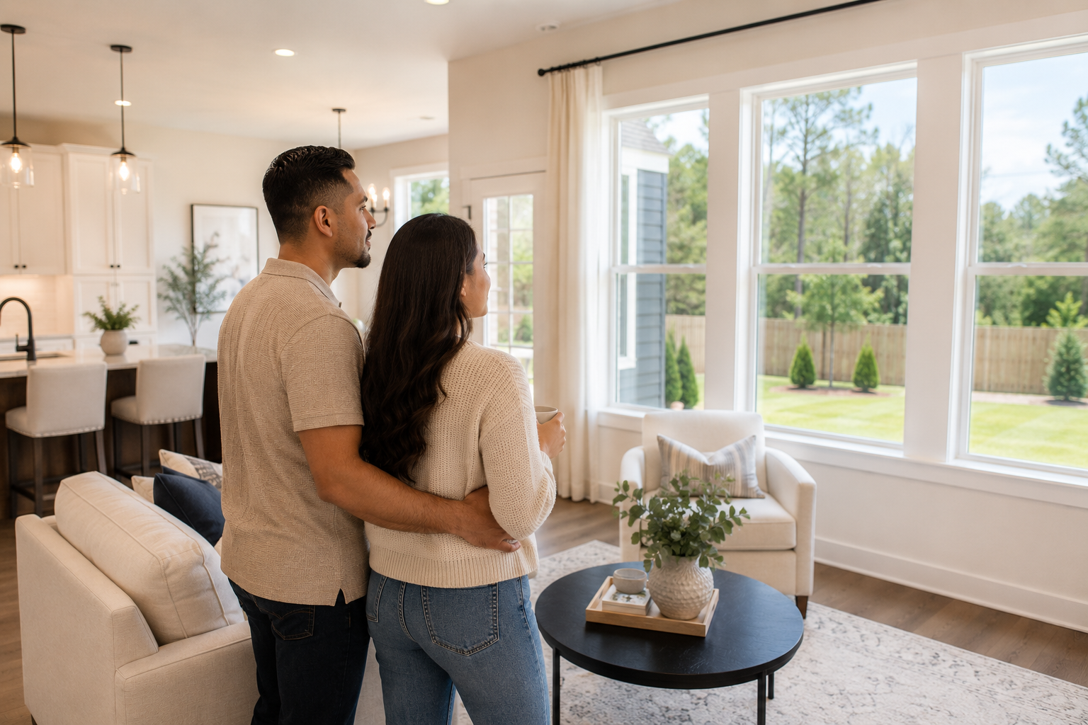Hispanic couple standing in a bright open-concept living room of a newer Greenville home, quietly looking out large windows toward a peaceful backyard while imagining future routines, family memories, and life beyond move-in day. Hispanic couple standing in a bright open-concept living room of a newer Greenville home, quietly looking out large windows toward a peaceful backyard while imagining future routines, family memories, and life beyond move-in day.