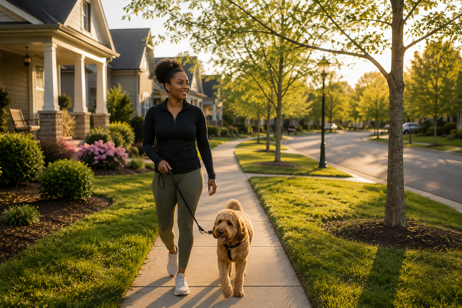 Black woman walking her dog along a quiet sidewalk in a newer Simpsonville neighborhood, surrounded by mature trees and open green space, enjoying a calm evening while imagining the routines and lifestyle a peaceful community could support. Black woman walking her dog along a quiet sidewalk in a newer Simpsonville neighborhood, surrounded by mature trees and open green space, enjoying a calm evening while imagining the routines and lifestyle a peaceful community could support.