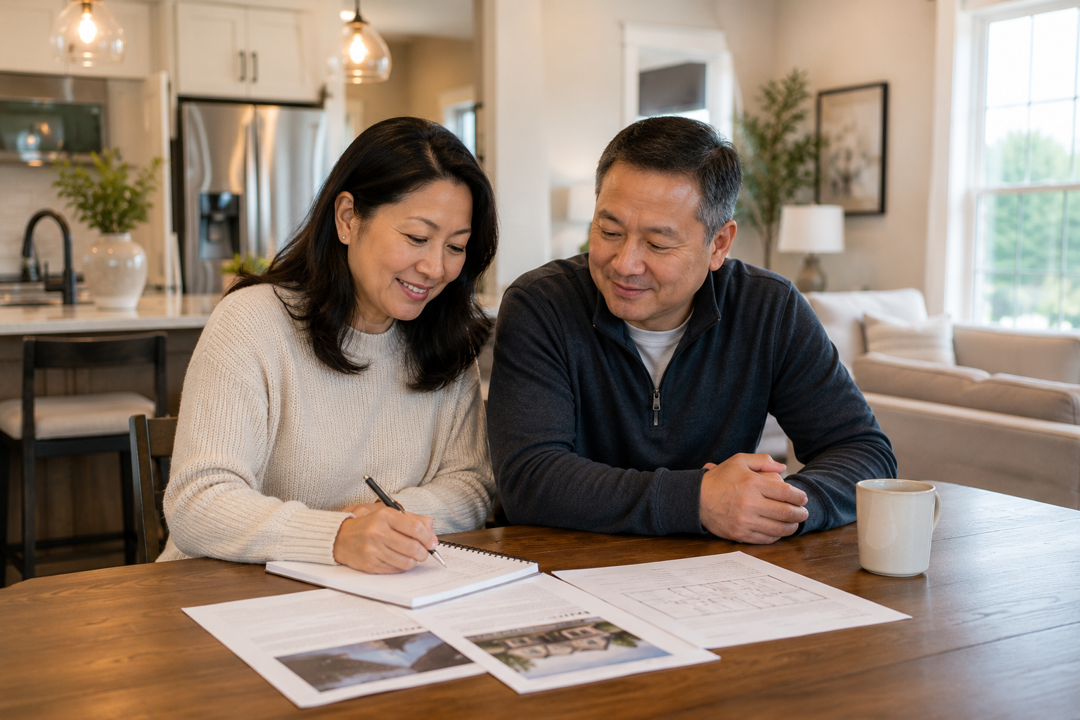 Middle-aged Asian couple sitting together at a kitchen table in a newer Simpsonville home, reviewing notes with relaxed expressions and a sense of relief as they begin feeling confident about their home-buying decision.