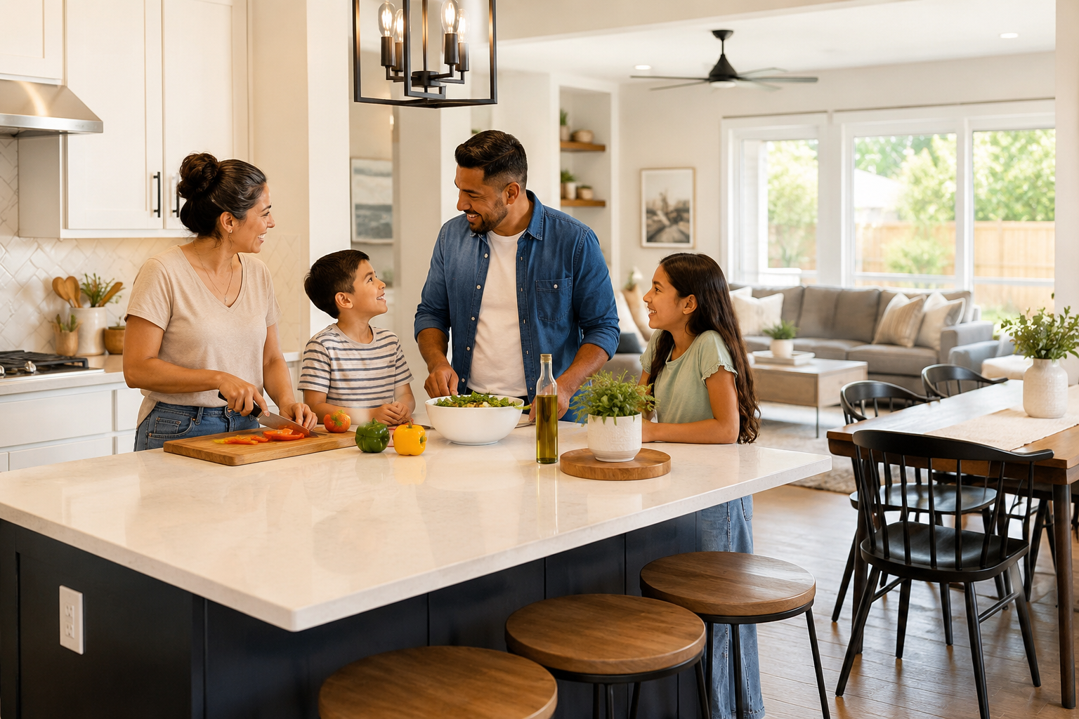 Hispanic family gathered around a large kitchen island in a newer Greenville home, sharing conversation and laughter while preparing a meal together in an open-concept space designed for connection, togetherness, and everyday living. Hispanic family gathered around a large kitchen island in a newer Greenville home, sharing conversation and laughter while preparing a meal together in an open-concept space designed for connection, togetherness, and everyday living.