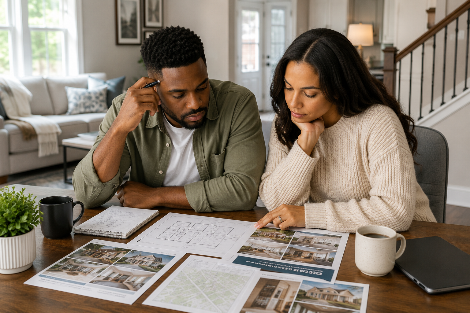 Interracial couple seated at a dining table in a newer Greenville home, reviewing floor plans, notes, and community information with thoughtful expressions as they work through important home-buying decisions together. Interracial couple seated at a dining table in a newer Greenville home, reviewing floor plans, notes, and community information with thoughtful expressions as they work through important home-buying decisions together.
