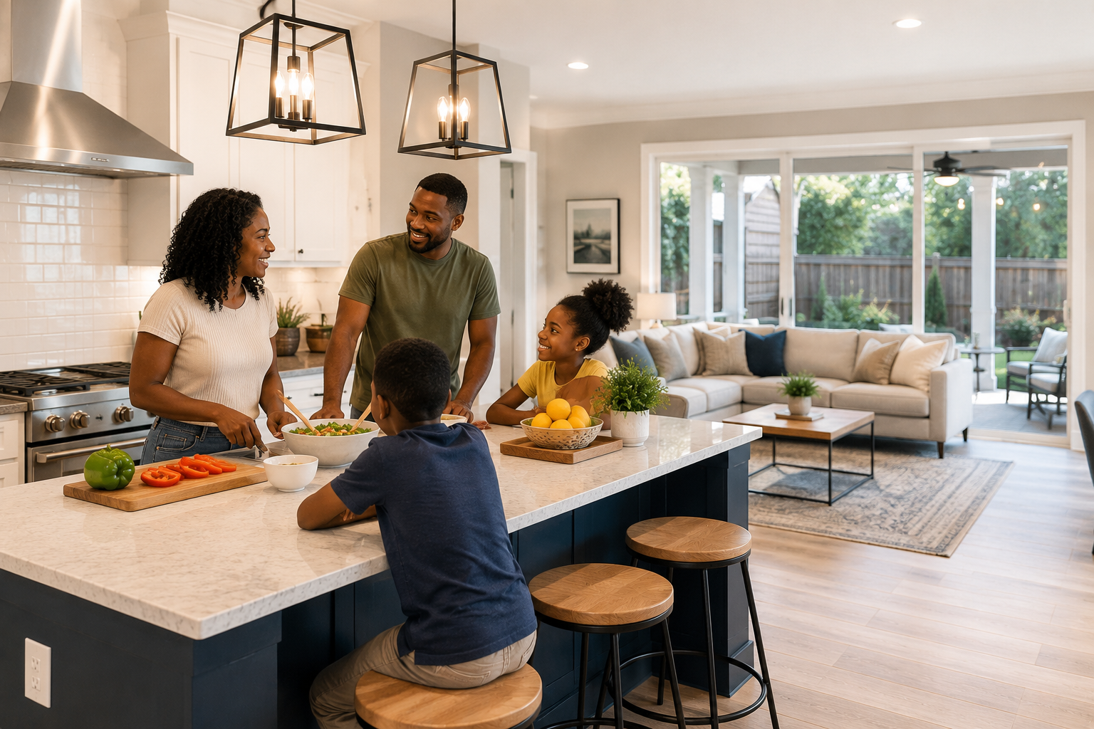 Black family gathered in a bright open-concept Greenville home, sharing conversation around a large kitchen island while dinner is being prepared, with the living room and outdoor patio visible in the background to emphasize connection and everyday living. Black family gathered in a bright open-concept Greenville home, sharing conversation around a large kitchen island while dinner is being prepared, with the living room and outdoor patio visible in the background to emphasize connection and everyday living.