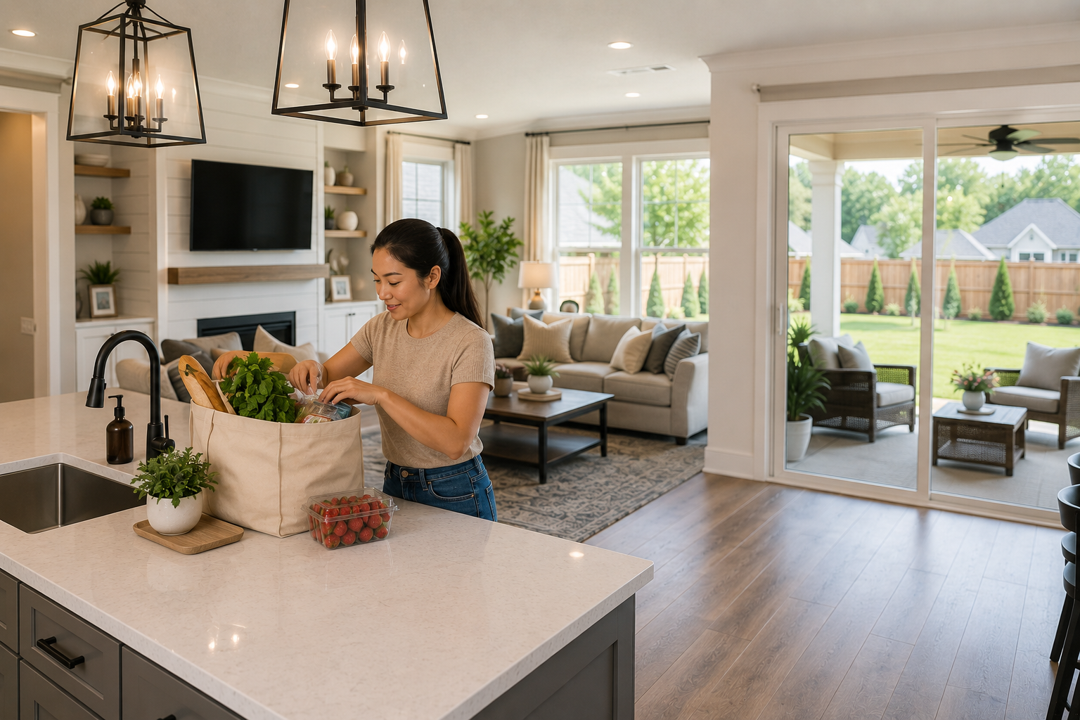 Asian woman standing in a bright open-concept Simpsonville home, placing groceries on a large kitchen island while looking toward the connected living room and covered patio, imagining how the home's practical layout could support everyday life. Asian woman standing in a bright open-concept Simpsonville home, placing groceries on a large kitchen island while looking toward the connected living room and covered patio, imagining how the home's practical layout could support everyday life.