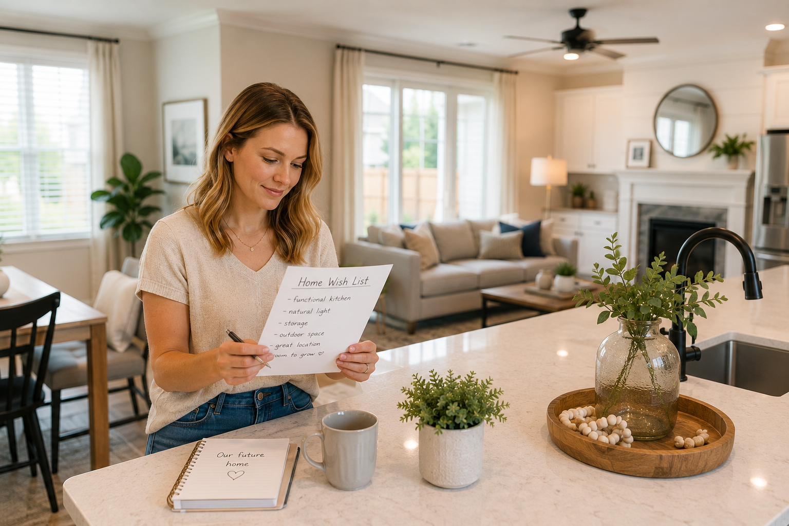 White woman in her early 30s standing in a bright newer Simpsonville home, reviewing a simple home wish list at a kitchen island with a relaxed smile, surrounded by natural light and functional living spaces as she realizes she no longer needs a perfect home to feel confident in her decision. White woman in her early 30s standing in a bright newer Simpsonville home, reviewing a simple home wish list at a kitchen island with a relaxed smile, surrounded by natural light and functional living spaces as she realizes she no longer needs a perfect home to feel confident in her decision.