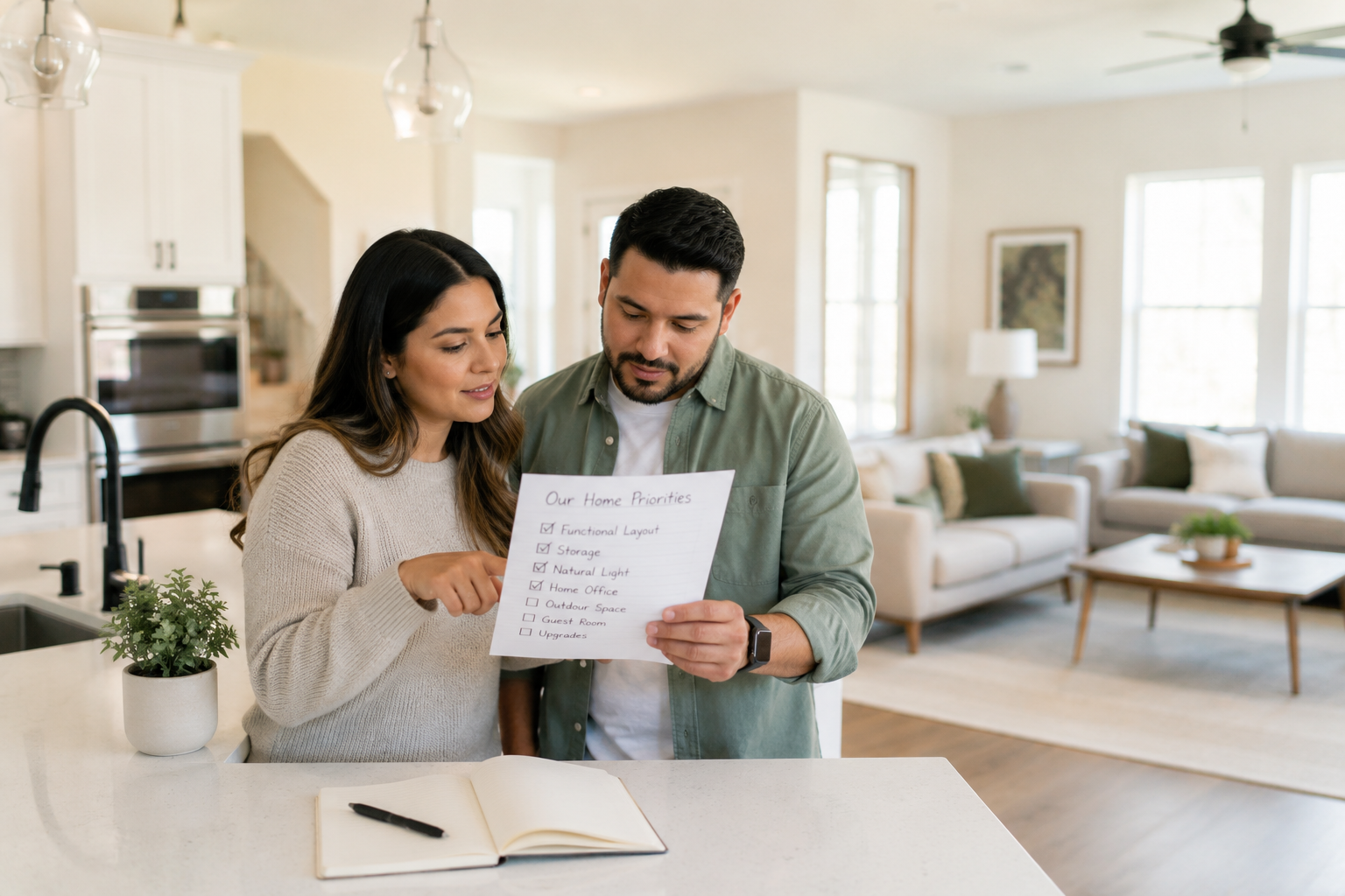 Hispanic couple in their early 30s standing together in a bright newer Greenville home, reviewing a simple home wish list at a kitchen island while natural light fills the open-concept living space, thoughtfully discussing which features will best support their everyday life rather than impress others. Hispanic couple in their early 30s standing together in a bright newer Greenville home, reviewing a simple home wish list at a kitchen island while natural light fills the open-concept living space, thoughtfully discussing which features will best support their everyday life rather than impress others.