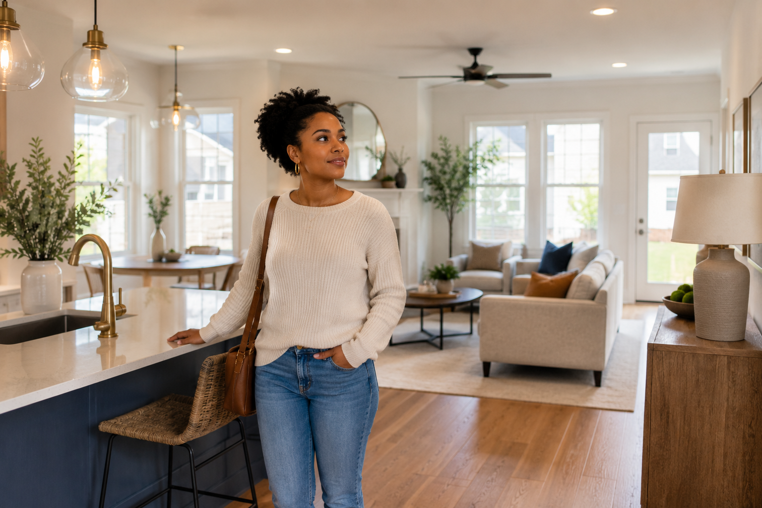 Black woman in her late 20s walking through a thoughtfully designed newer Greenville home, pausing near an open-concept kitchen and living area while appreciating how the natural light, connected spaces, and practical layout feel more comfortable than larger homes she has toured. Black woman in her late 20s walking through a thoughtfully designed newer Greenville home, pausing near an open-concept kitchen and living area while appreciating how the natural light, connected spaces, and practical layout feel more comfortable than larger homes she has toured.