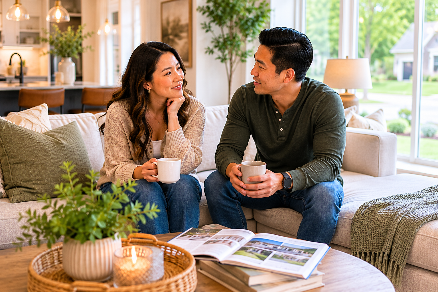 Asian couple in their early 30s sitting together in a bright living room of a newer Greenville home, quietly talking while sunlight fills the space through large windows, naturally reflecting on how comfortable, welcoming, and easy the home feels compared to others they have toured. Asian couple in their early 30s sitting together in a bright living room of a newer Greenville home, quietly talking while sunlight fills the space through large windows, naturally reflecting on how comfortable, welcoming, and easy the home feels compared to others they have toured.