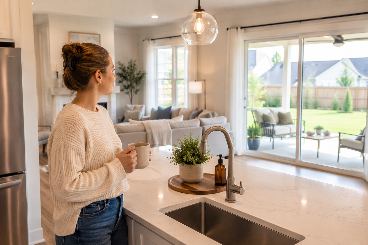White woman in her early 30s standing at a kitchen island in a bright newer Simpsonville home, holding a coffee mug while looking toward a covered patio and backyard, naturally imagining a quiet morning routine as sunlight fills the connected living spaces around her. White woman in her early 30s standing at a kitchen island in a bright newer Simpsonville home, holding a coffee mug while looking toward a covered patio and backyard, naturally imagining a quiet morning routine as sunlight fills the connected living spaces around her.