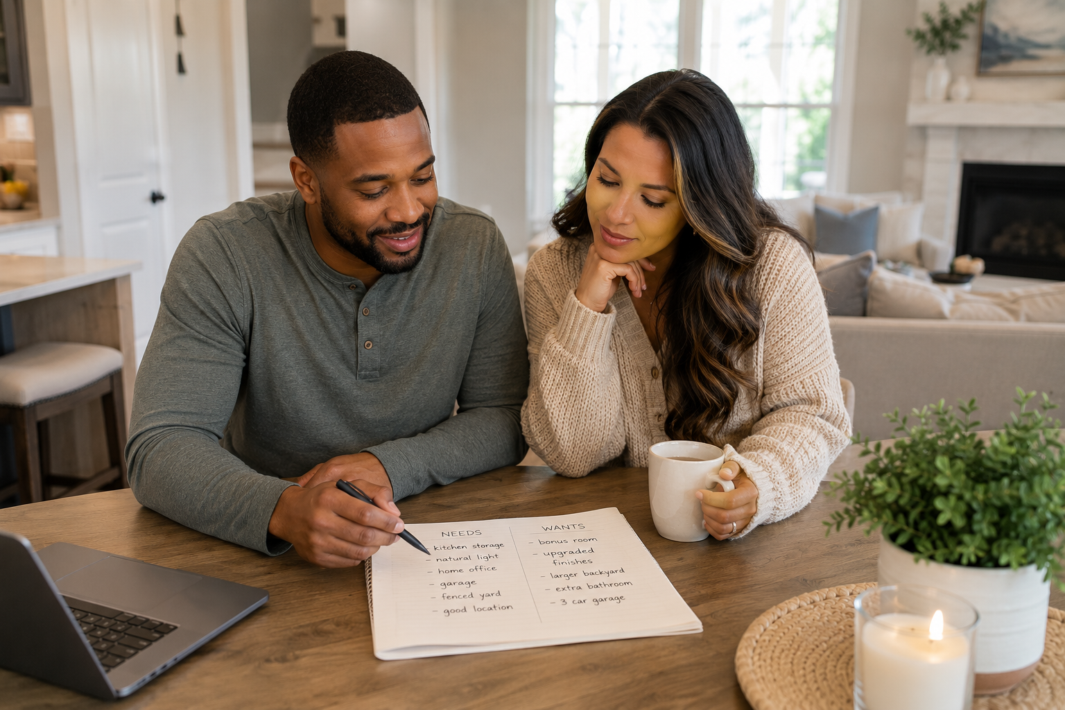 Interracial couple in their mid-30s seated at a dining table inside a newer Simpsonville home, reviewing a simple handwritten list of needs and wants while natural light fills the room, sharing a calm conversation about which home features will truly support their everyday life. Interracial couple in their mid-30s seated at a dining table inside a newer Simpsonville home, reviewing a simple handwritten list of needs and wants while natural light fills the room, sharing a calm conversation about which home features will truly support their everyday life.