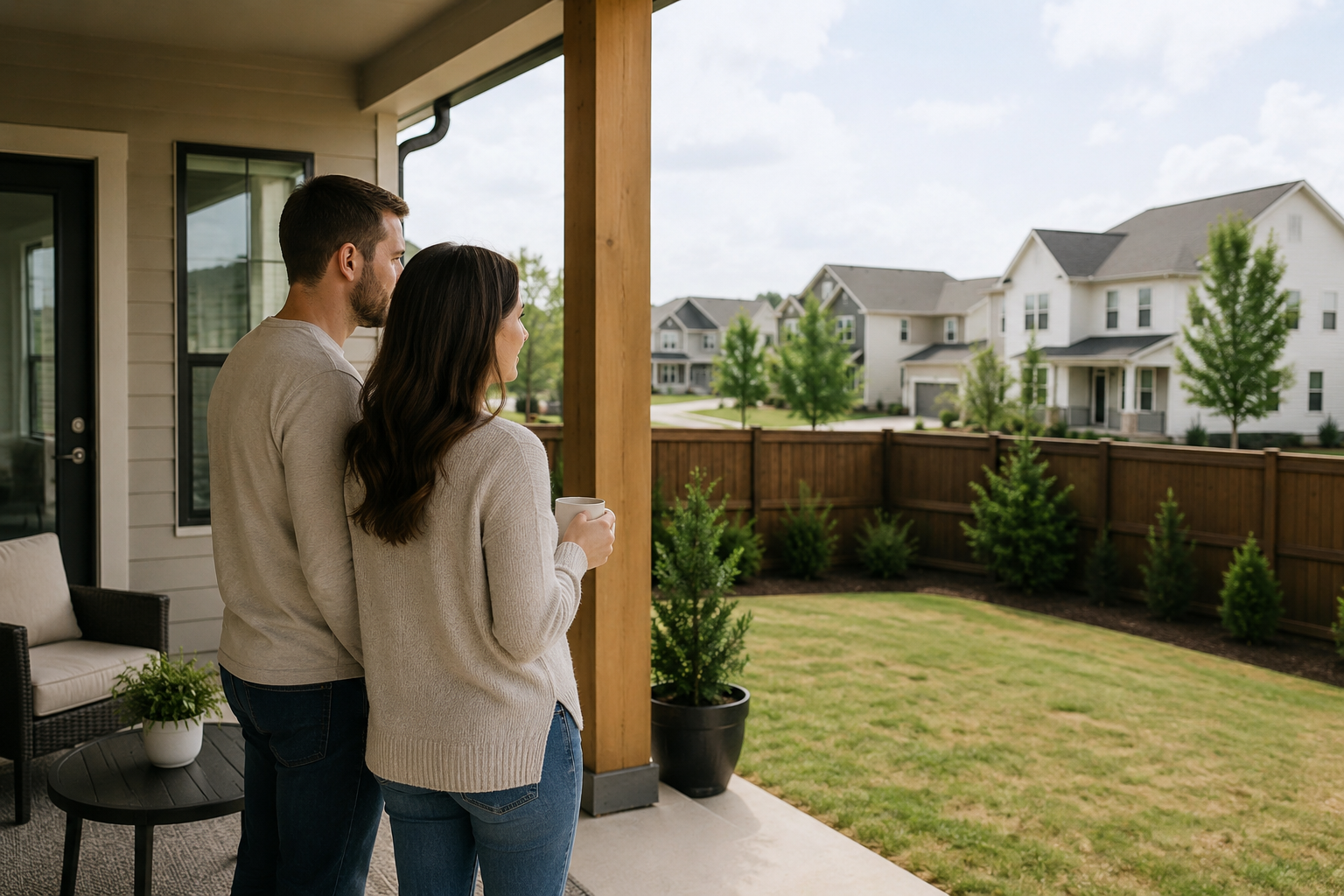 White couple in their early 30s standing together on the back patio of a newer home outside Greenville, South Carolina, quietly looking across a fenced backyard while discussing daily routines, commute concerns, and whether moving a little farther from the city might better support the life they want to build. White couple in their early 30s standing together on the back patio of a newer home outside Greenville, South Carolina, quietly looking across a fenced backyard while discussing daily routines, commute concerns, and whether moving a little farther from the city might better support the life they want to build.