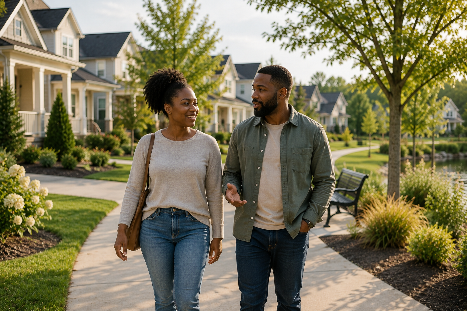 Black couple in their mid-30s walking side by side along a neighborhood trail in a newer Greenville community, casually talking while passing green space and nearby homes, naturally reflecting on how calm, connected, and welcoming the neighborhood feels compared to others they have toured. Black couple in their mid-30s walking side by side along a neighborhood trail in a newer Greenville community, casually talking while passing green space and nearby homes, naturally reflecting on how calm, connected, and welcoming the neighborhood feels compared to others they have toured.