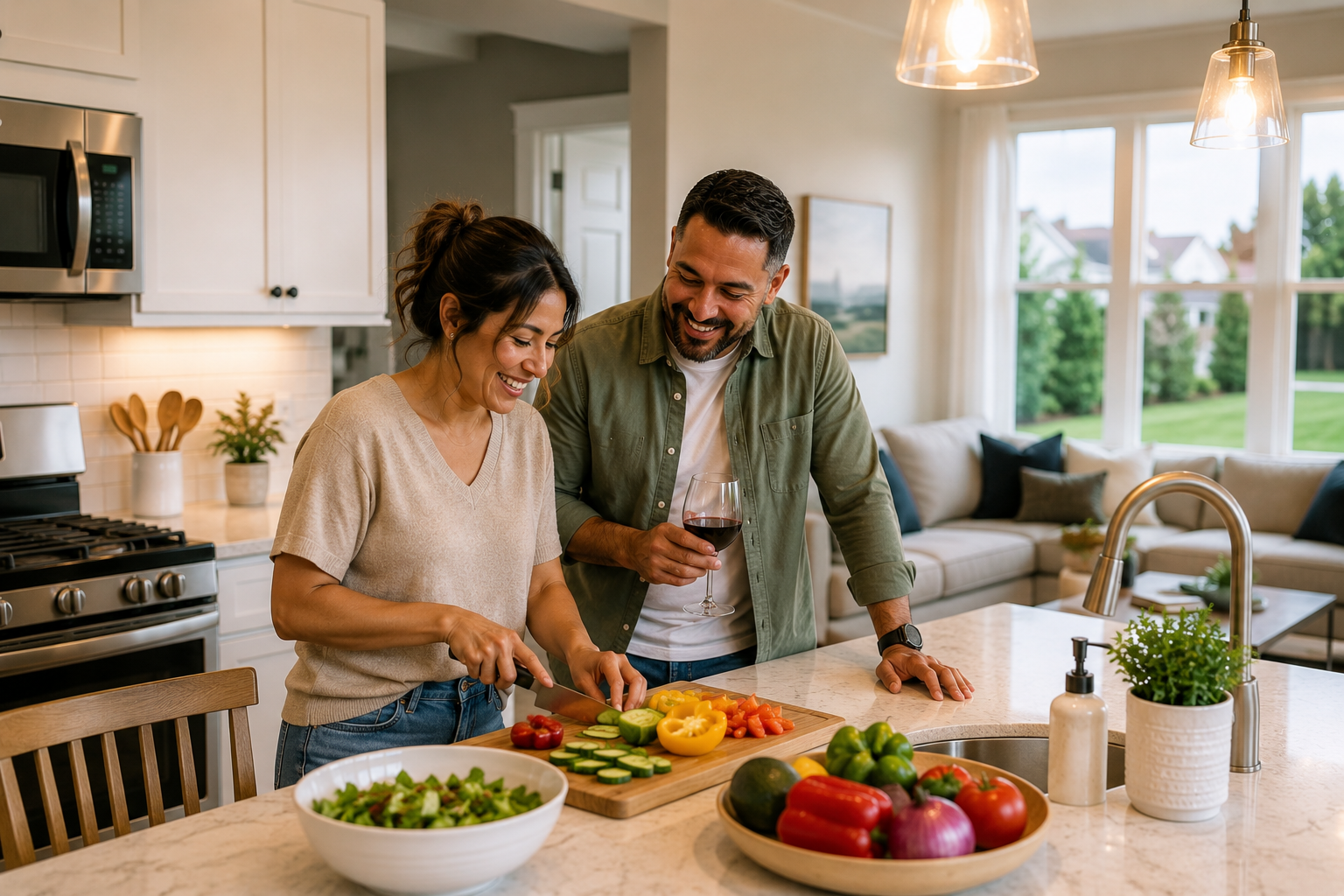 Hispanic couple in their late 30s preparing a simple weeknight meal together in a bright open-concept kitchen inside a newer Simpsonville home, naturally talking and laughing while evening sunlight filters through large windows, reflecting the comfort of ordinary daily routines. Hispanic couple in their late 30s preparing a simple weeknight meal together in a bright open-concept kitchen inside a newer Simpsonville home, naturally talking and laughing while evening sunlight filters through large windows, reflecting the comfort of ordinary daily routines.