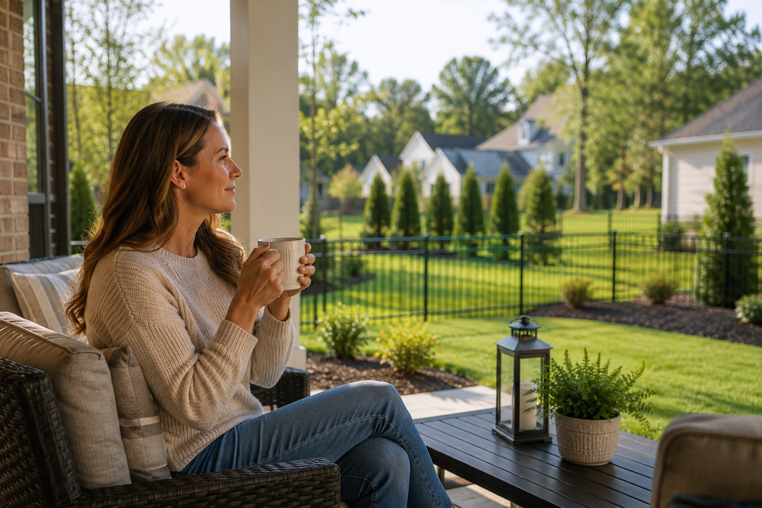 Single white woman in her early 40s sitting on a covered backyard patio of a newer Fountain Inn home, enjoying a quiet cup of coffee while looking across the yard and reflecting on how a calmer environment could support the life she wants to build.