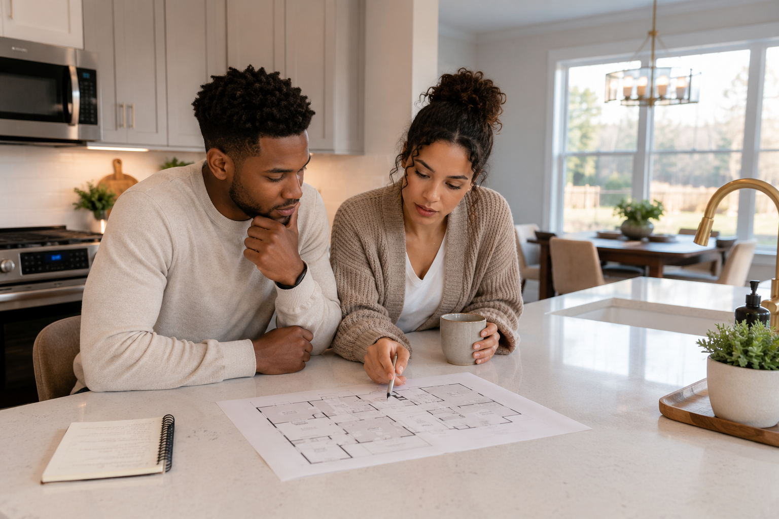 Interracial couple in their late 20s sitting at a kitchen island inside a newer Greenville home, reviewing a simple floor plan and discussing future needs while sunlight enters through nearby windows, reflecting the uncertainty many buyers feel when deciding how much space they truly need.
