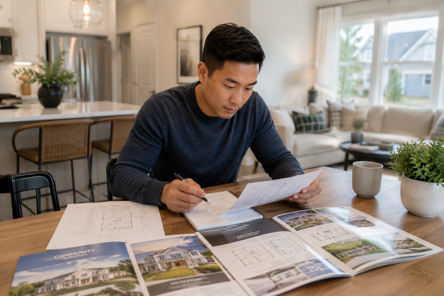 Asian man in his early 30s seated at a dining table inside a newer Greenville home, comparing handwritten notes and community brochures while thoughtfully considering different floor plans, budgets, and future needs, reflecting the mental overwhelm many buyers experience during the decision-making process.