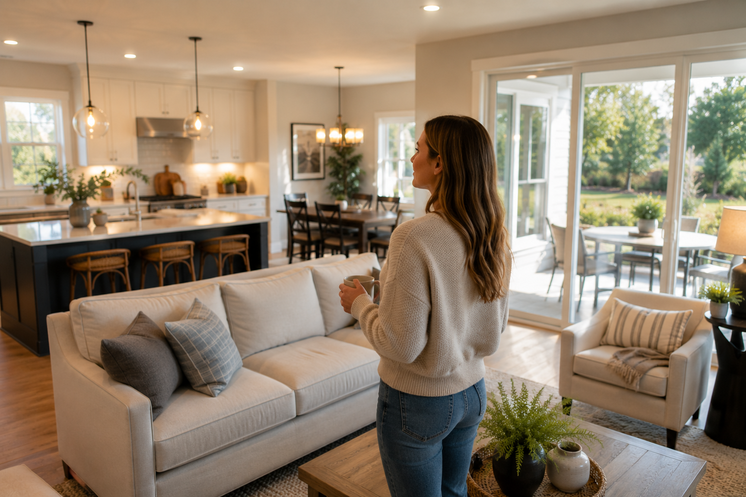 White woman in her early 30s standing quietly in the living room of a newer Greenville home, looking toward an open kitchen and nearby patio doors while imagining future routines, family gatherings, and everyday moments, reflecting the calm emotional connection buyers sometimes feel when a home feels right.