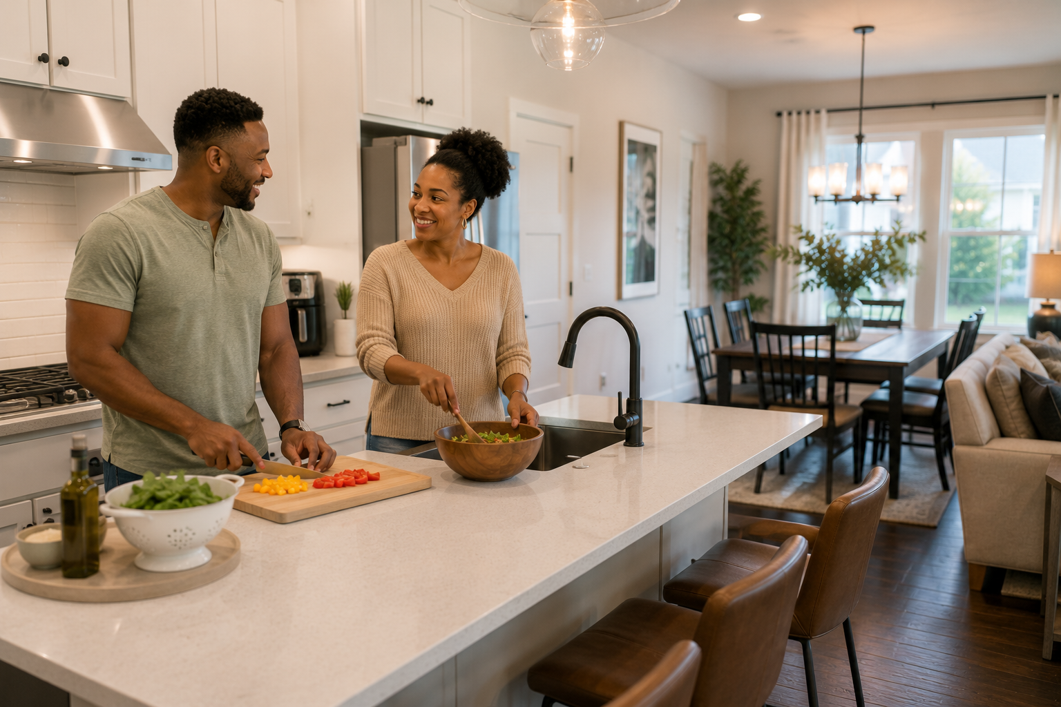 Black couple in their mid-30s preparing dinner together in a bright open-concept kitchen inside a newer Simpsonville home, casually talking while moving between the kitchen island and dining area, naturally reflecting the ease and flow of a practical everyday layout.