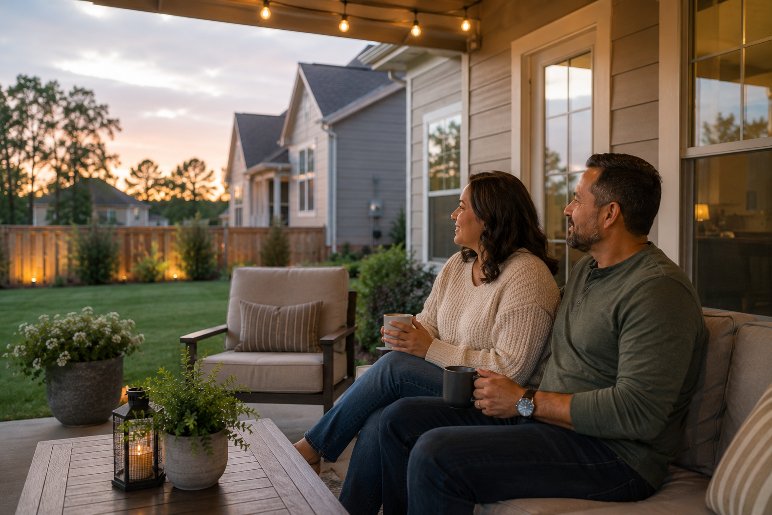 Hispanic couple in their early 40s sitting together on a covered patio behind a newer Fountain Inn home, enjoying a quiet evening conversation while looking across their backyard, naturally reflecting on how comfort, functionality, and lifestyle matter more than simply having more space.