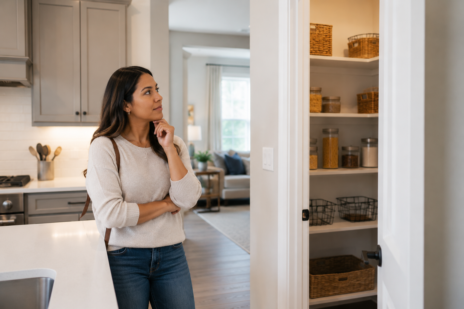 Single Hispanic woman in her early 30s standing quietly inside a newer Greenville home, looking between a stylish kitchen and a nearby pantry while thoughtfully considering storage, layout flow, and how the home would function during everyday routines, reflecting the tension between appearance and practicality.