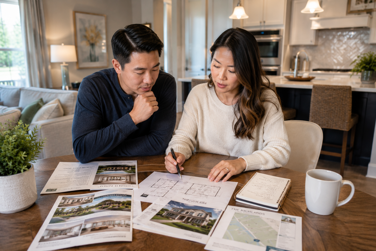 Asian couple in their early 30s seated at a dining table inside a newer Greenville home, reviewing community brochures, handwritten notes, and floor plan information while thoughtfully discussing priorities, reflecting the decision fatigue many buyers experience when comparing multiple good options. Asian couple in their early 30s seated at a dining table inside a newer Greenville home, reviewing community brochures, handwritten notes, and floor plan information while thoughtfully discussing priorities, reflecting the decision fatigue many buyers experience when comparing multiple good options.