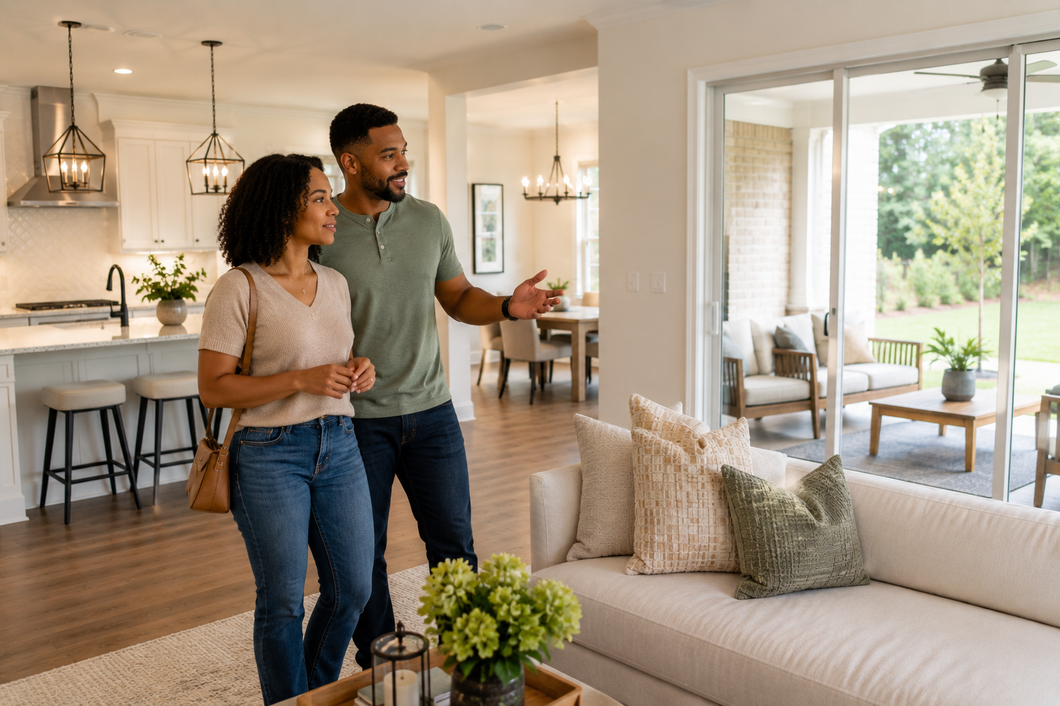 Black couple in their mid-30s standing together in a bright open-concept living room inside a newer Greenville home, casually looking toward the kitchen and covered patio while discussing future routines, family gatherings, and everyday life, reflecting the emotional connection buyers feel when a home feels both beautiful and livable.