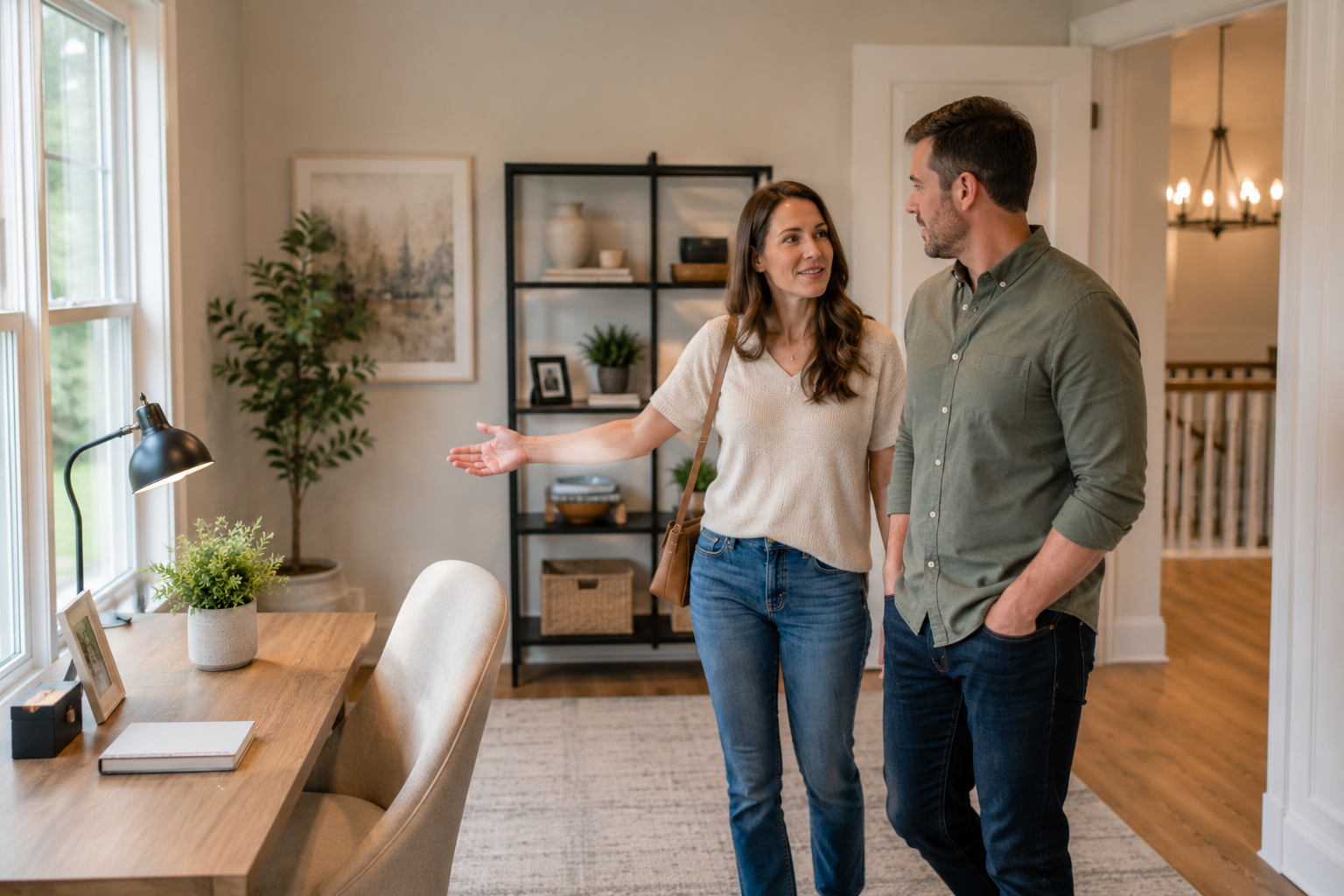 White couple in their late 30s walking through a bright flex room inside a newer Simpsonville home, casually discussing where a home office, bookshelves, and personal décor might go, naturally reflecting the moment buyers begin imagining how a house could become their own. White couple in their late 30s walking through a bright flex room inside a newer Simpsonville home, casually discussing where a home office, bookshelves, and personal décor might go, naturally reflecting the moment buyers begin imagining how a house could become their own.