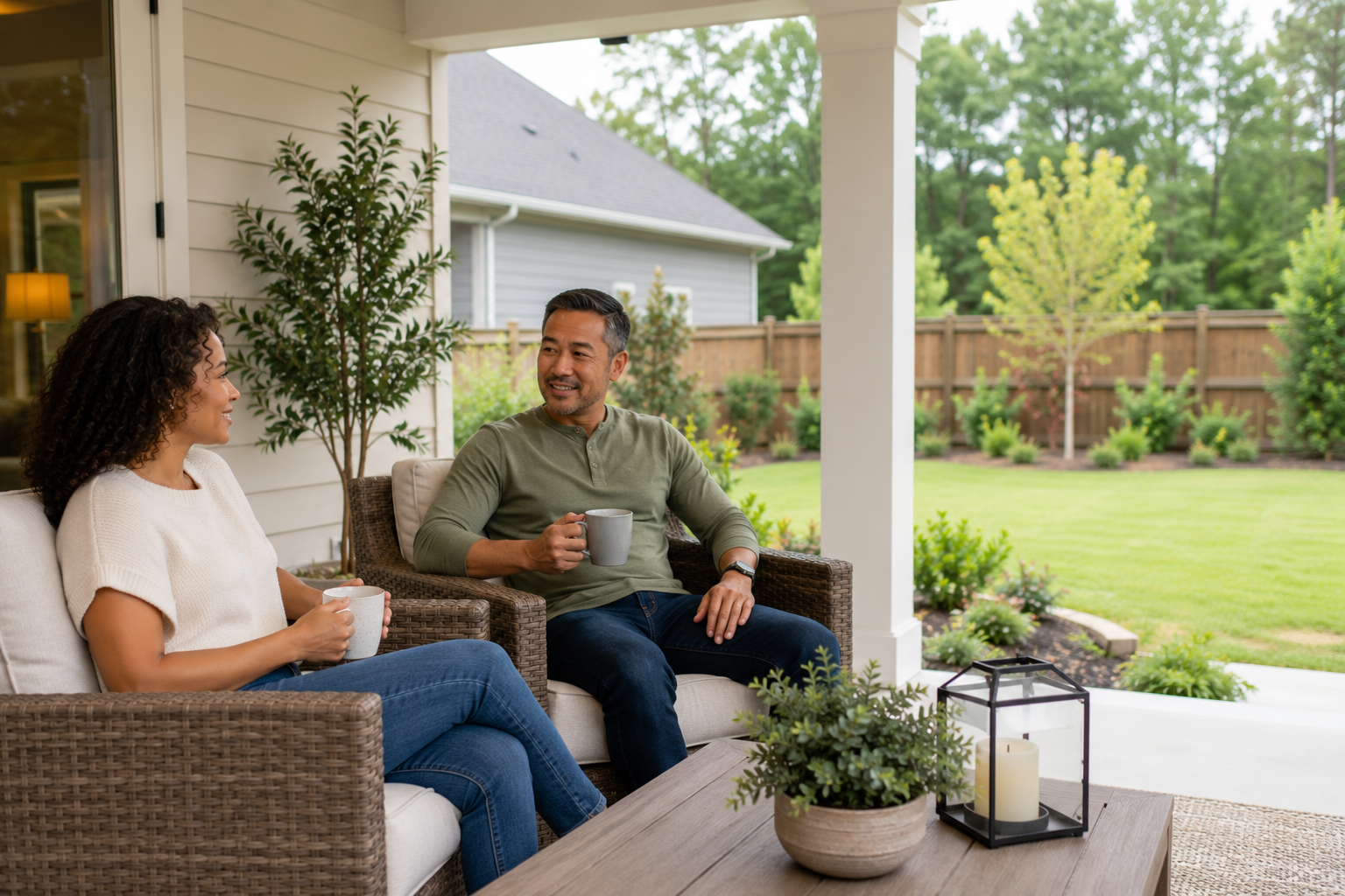 Interracial couple in their early 40s relaxing together on a covered patio behind a newer Fountain Inn home, casually enjoying conversation while looking across their backyard, reflecting the emotional comfort that comes when buyers find a home that feels both beautiful and functional. Interracial couple in their early 40s relaxing together on a covered patio behind a newer Fountain Inn home, casually enjoying conversation while looking across their backyard, reflecting the emotional comfort that comes when buyers find a home that feels both beautiful and functional.