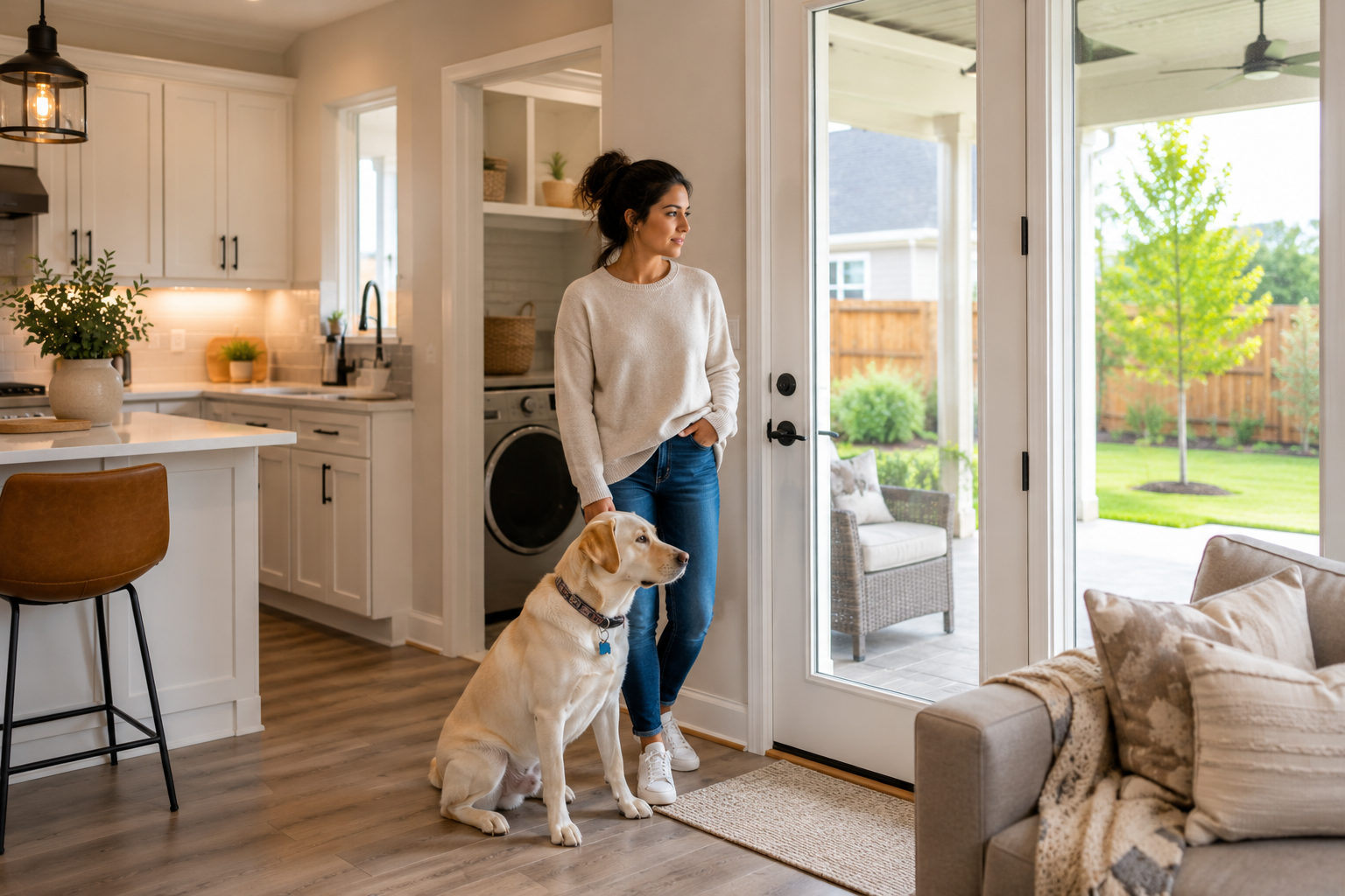 Single Hispanic woman in her early 30s standing near the rear entry of a newer Greenville home while her young Labrador sits beside her, thoughtfully looking between the covered patio and kitchen area as she considers muddy paws, outdoor access, storage, and how daily life with her dog would function in the home.