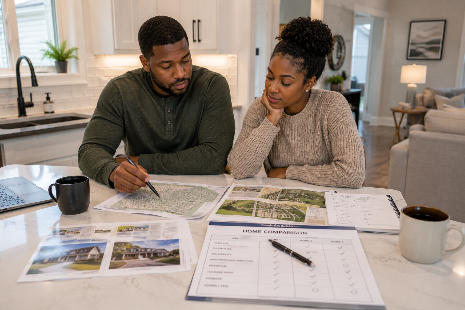 Black couple in their mid-30s seated at a kitchen island inside a newer Greenville home, reviewing community maps, home comparison notes, and neighborhood information while discussing priorities for their two dogs, reflecting the decision fatigue that can happen when multiple homes each offer different pet-friendly advantages. Black couple in their mid-30s seated at a kitchen island inside a newer Greenville home, reviewing community maps, home comparison notes, and neighborhood information while discussing priorities for their two dogs, reflecting the decision fatigue that can happen when multiple homes each offer different pet-friendly advantages.