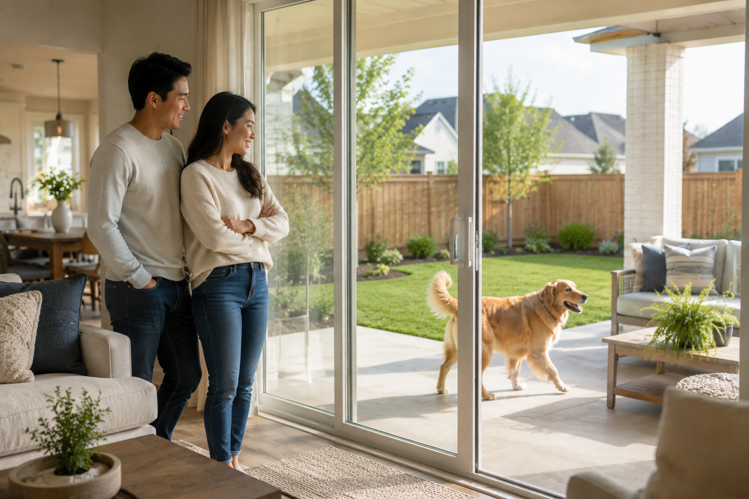 Asian couple in their early 30s standing near large sliding glass doors inside a newer Greenville home while watching their Golden Retriever explore a fenced backyard, naturally smiling as they imagine future routines, weekend relaxation, and everyday life together, reflecting the emotional connection buyers often feel when a home simply feels right. Asian couple in their early 30s standing near large sliding glass doors inside a newer Greenville home while watching their Golden Retriever explore a fenced backyard, naturally smiling as they imagine future routines, weekend relaxation, and everyday life together, reflecting the emotional connection buyers often feel when a home simply feels right.