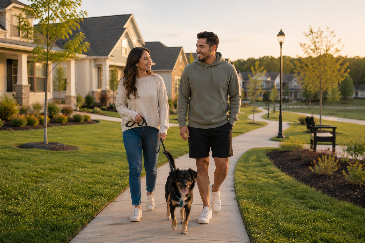 Hispanic couple in their late 20s taking an evening walk with their rescue dog along a sidewalk in a newer Simpsonville community, casually talking and smiling while passing neighborhood green space, reflecting the moment buyers begin imagining how everyday life could feel simpler and more enjoyable.