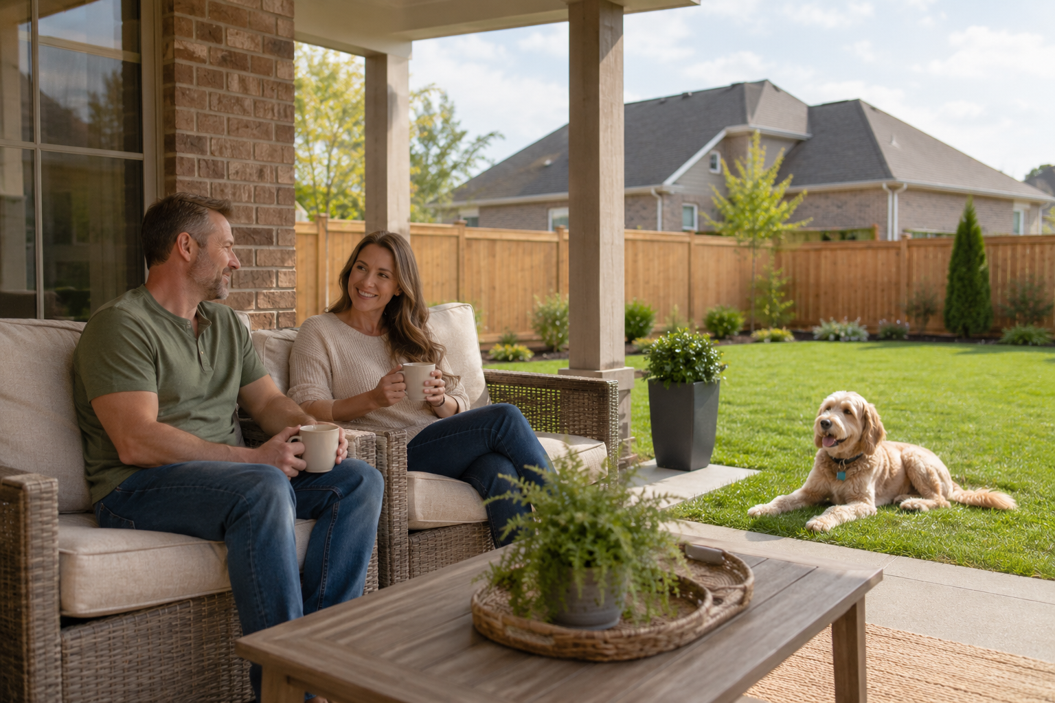 White couple in their early 40s relaxing on a covered backyard patio of a newer Fountain Inn home while their rescue dog rests nearby on the lawn, enjoying a quiet conversation and reflecting the emotional comfort that comes from finding a home that supports daily routines naturally.