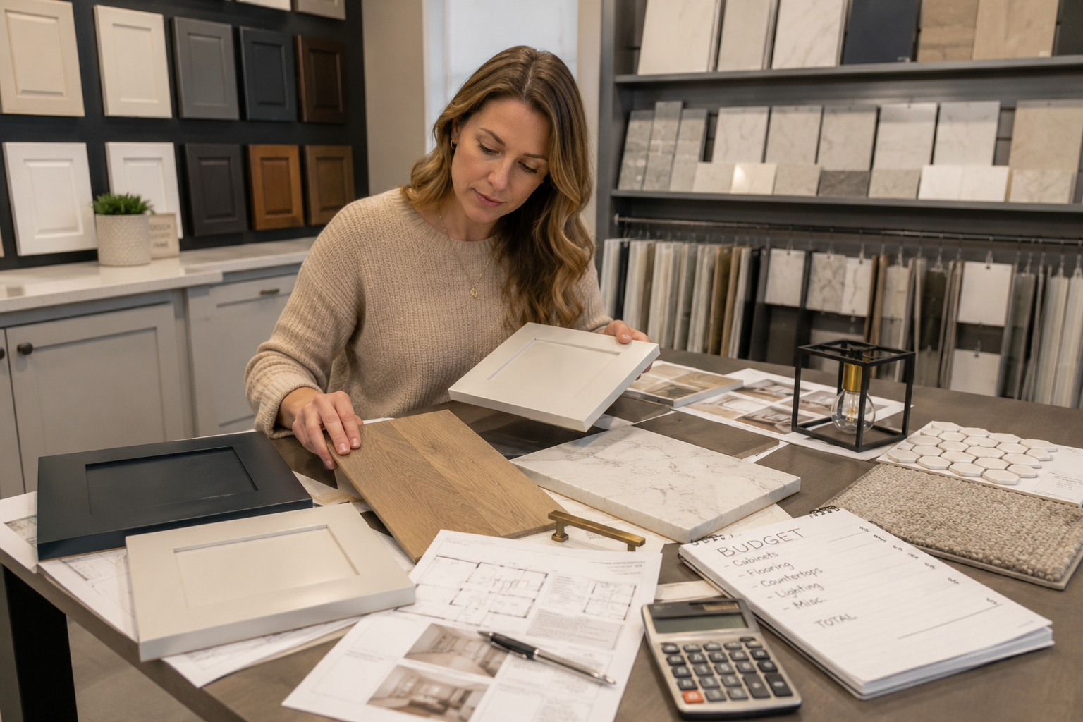 Single white woman in her early 30s seated at a builder design center table reviewing cabinet samples, flooring boards, lighting options, and pricing sheets, thoughtfully comparing choices while trying to balance budget, functionality, and long-term satisfaction for her future Greenville home.