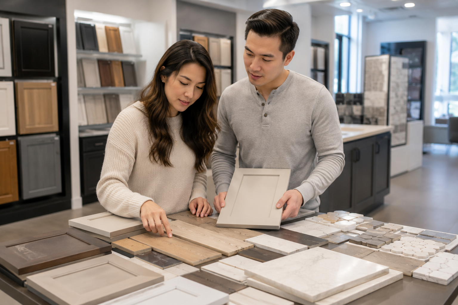 Asian couple in their early 30s standing together inside a builder design center, reviewing cabinet doors, tile samples, flooring options, and countertop displays spread across multiple stations, thoughtfully discussing priorities while trying to narrow down choices for their future Greenville home.