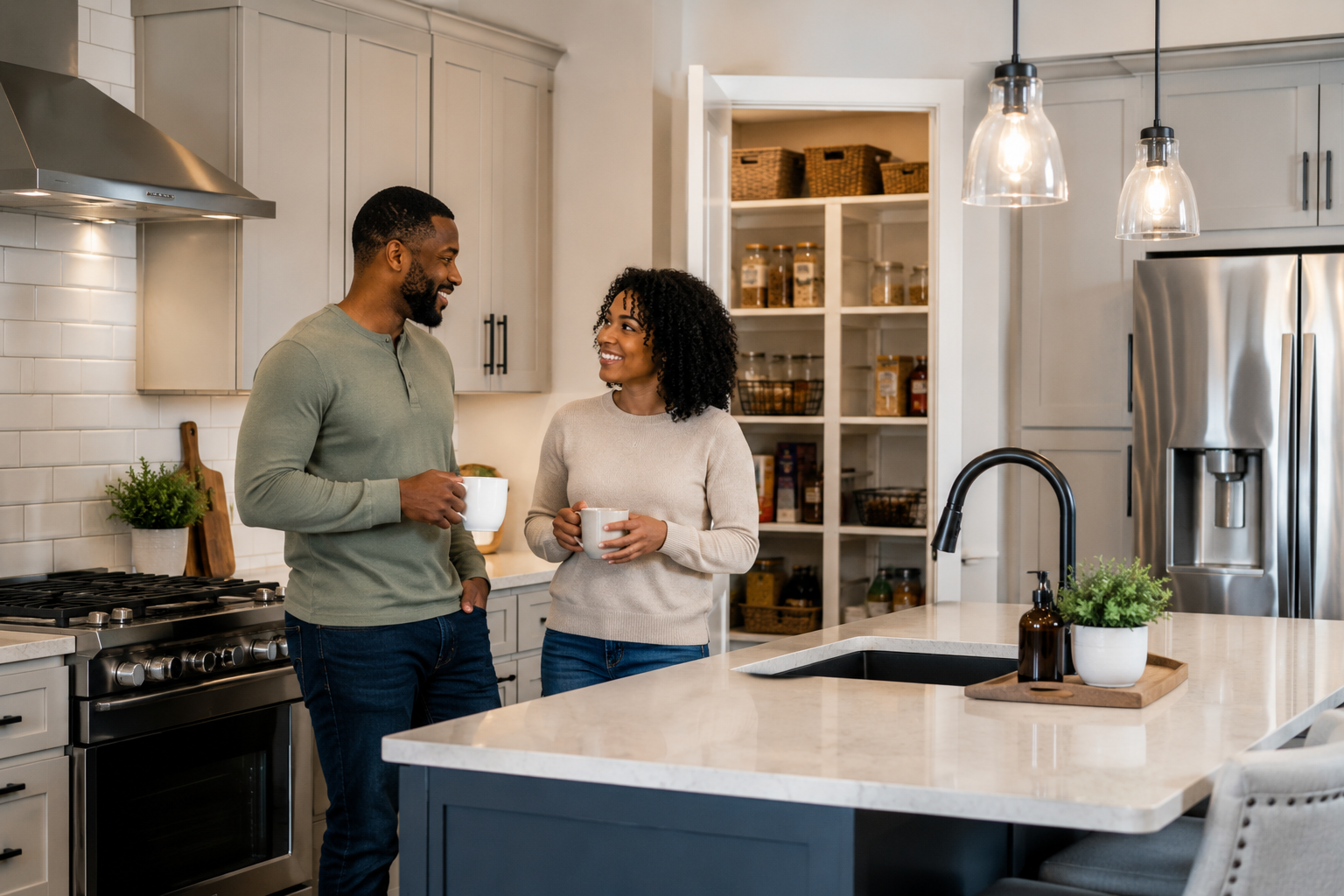 Black couple in their mid-30s standing inside a bright newer Greenville kitchen near a large walk-in pantry and oversized island, casually discussing storage and daily routines while smiling naturally, reflecting the moment buyers realize practical upgrades can make life noticeably easier. Black couple in their mid-30s standing inside a bright newer Greenville kitchen near a large walk-in pantry and oversized island, casually discussing storage and daily routines while smiling naturally, reflecting the moment buyers realize practical upgrades can make life noticeably easier.