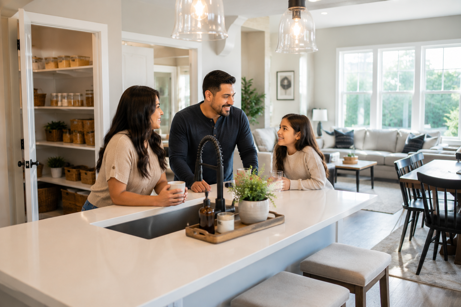 Hispanic family in their 30s gathered around a large kitchen island inside a bright newer Simpsonville home, casually talking while sunlight streams through oversized windows, with an open pantry and connected living space visible in the background, reflecting the moment buyers begin imagining everyday life unfolding naturally in the home.