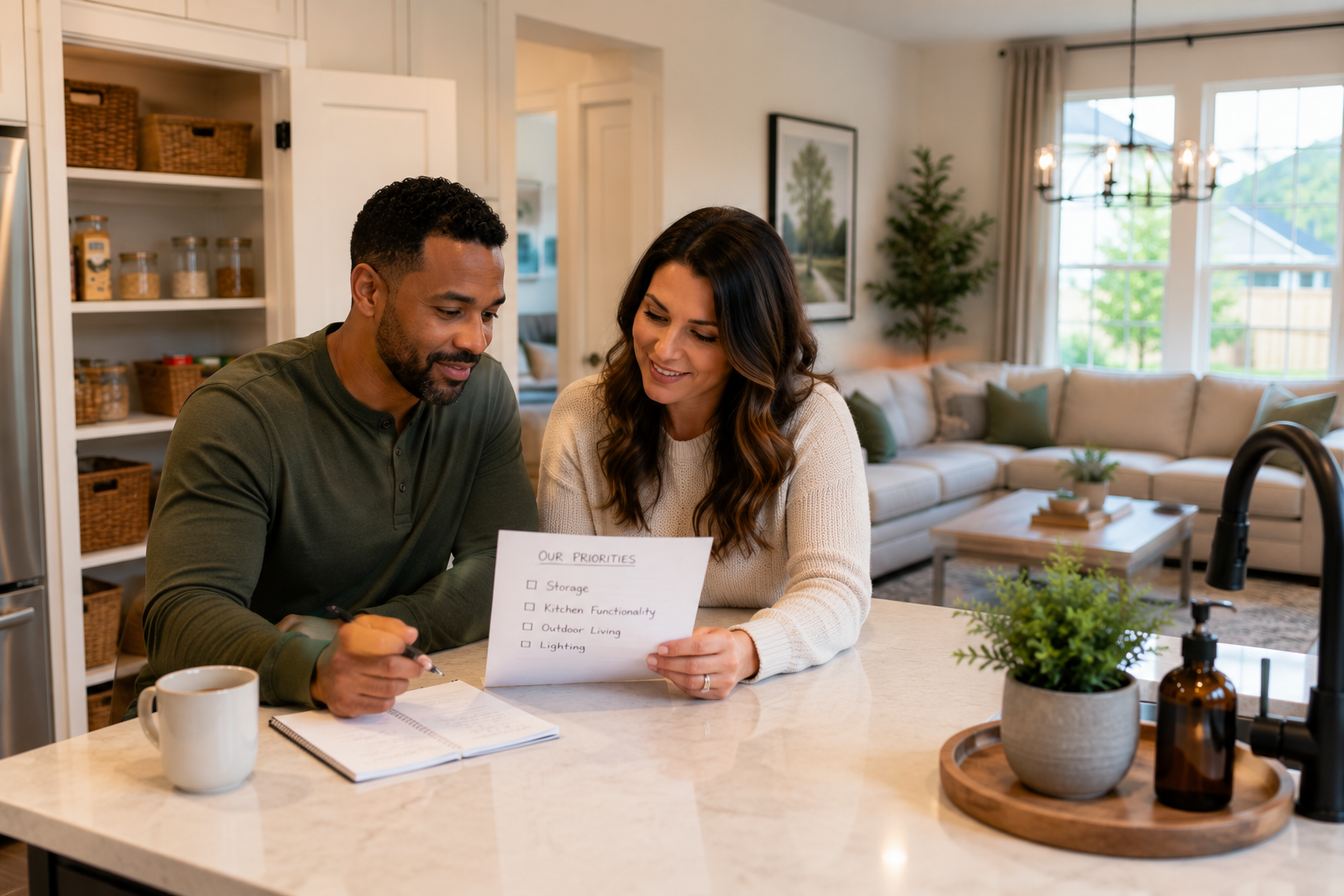 Interracial couple in their late 30s seated together at a kitchen island inside a newer Fountain Inn home, reviewing a simple list of priorities while sunlight fills the room, with organized storage, open living spaces, and a relaxed atmosphere reflecting the confidence that comes from understanding which home features truly support everyday life.