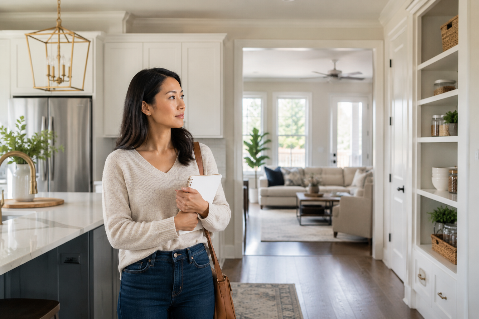 Asian woman in her early 30s standing quietly in a bright kitchen of a newer Greenville home, looking thoughtfully toward the adjoining living area while holding a notebook, with natural light, practical storage spaces, and a comfortable layout visible around her as she imagines how daily life would function in the home.