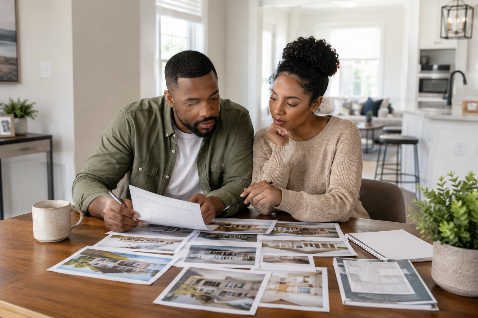 Black couple in their early 30s seated together at a dining table in a newer Greenville home, reviewing printed listing photos and notes while discussing their options, with thoughtful expressions, natural window light, and multiple home brochures spread across the table reflecting the challenge of comparing several homes that all seem appealing. Black couple in their early 30s seated together at a dining table in a newer Greenville home, reviewing printed listing photos and notes while discussing their options, with thoughtful expressions, natural window light, and multiple home brochures spread across the table reflecting the challenge of comparing several homes that all seem appealing.