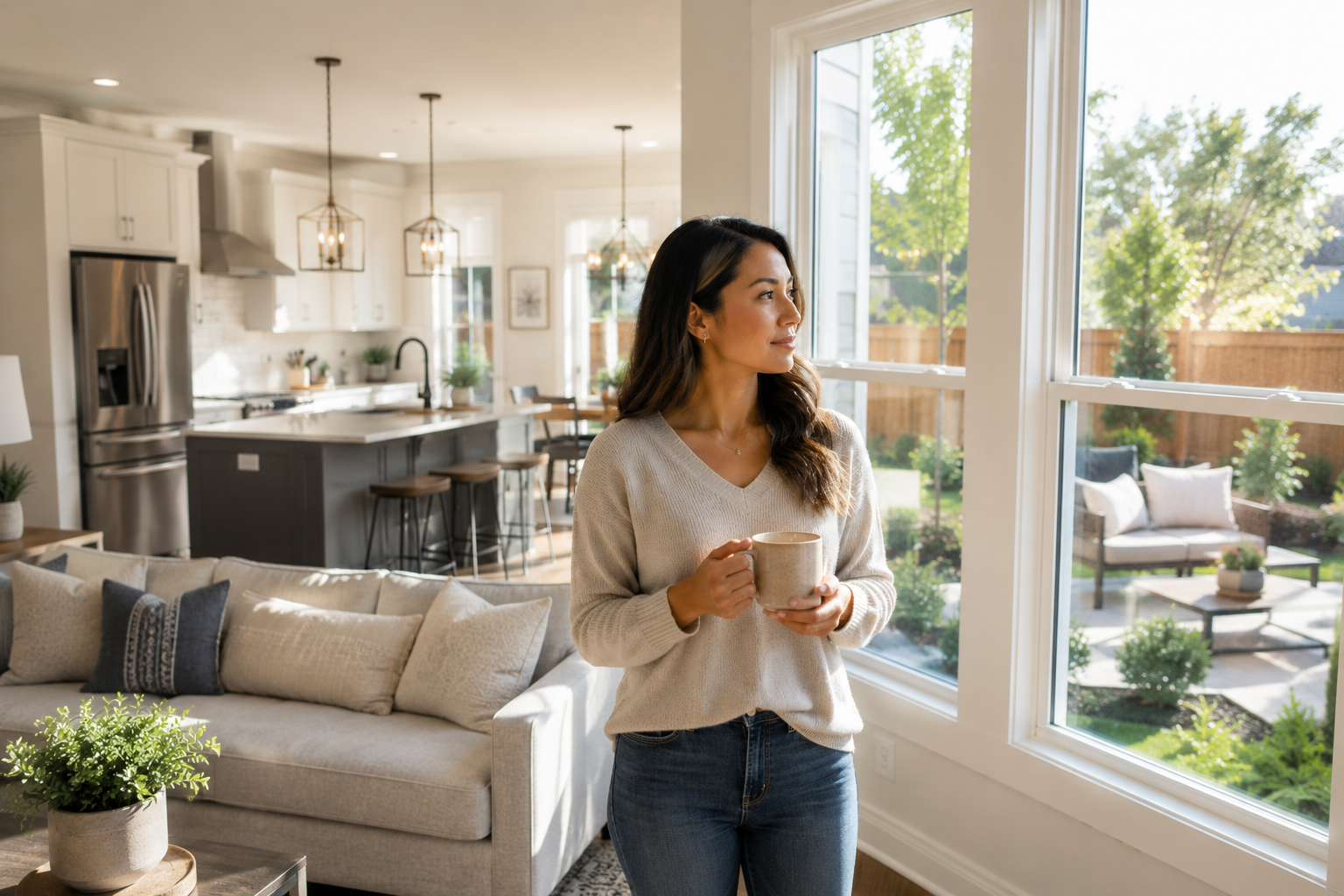 Hispanic woman in her late 20s standing near large living room windows in a newer Greenville home, holding a cup of coffee while looking toward a connected kitchen and backyard patio, with warm natural light filling the space and a relaxed expression that reflects the quiet moment when a house begins to feel like home.