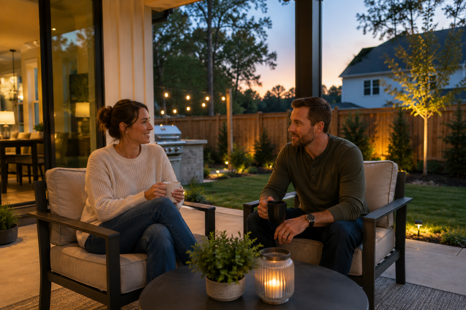 White couple in their mid-30s sitting together on a covered backyard patio of a newer Simpsonville home, sharing a quiet conversation while enjoying the fading evening light, with a small table, comfortable seating, and a peaceful backyard setting that reflects the simple routines buyers often picture when imagining life in a new home. White couple in their mid-30s sitting together on a covered backyard patio of a newer Simpsonville home, sharing a quiet conversation while enjoying the fading evening light, with a small table, comfortable seating, and a peaceful backyard setting that reflects the simple routines buyers often picture when imagining life in a new home.