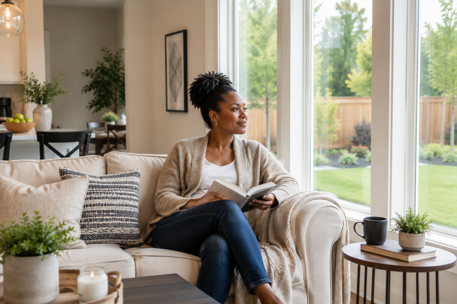 Black woman in her early 40s sitting comfortably in a bright living room of a newer Fountain Inn home, relaxing with a book beside large windows overlooking a peaceful backyard, with soft natural light, comfortable furnishings, and a thoughtful expression that reflects emotional comfort and contentment with everyday life.