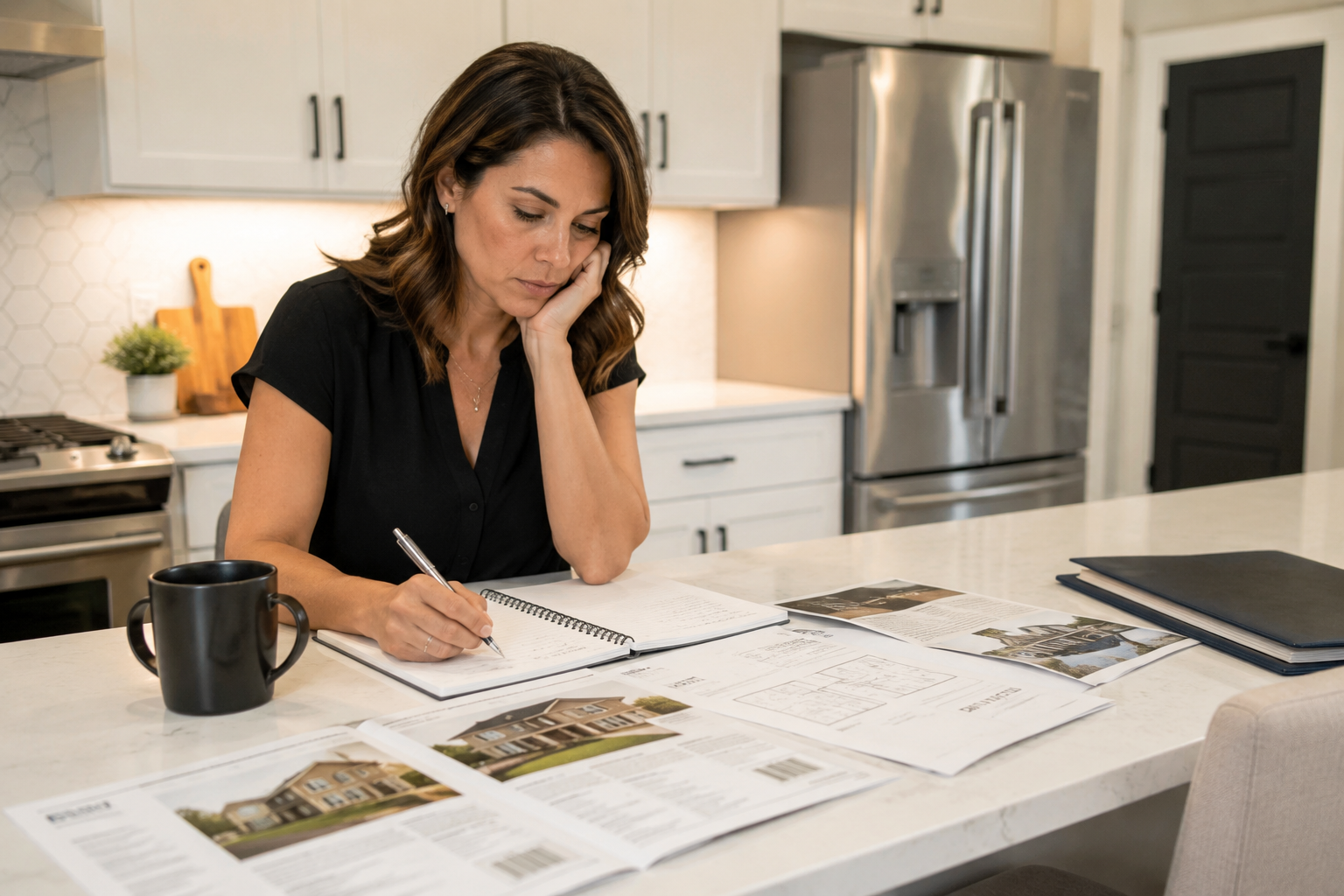 A single professional woman sits at a kitchen island in a newer Greenville home reviewing notes from several home tours while thoughtfully considering which home best fits her daily routines.