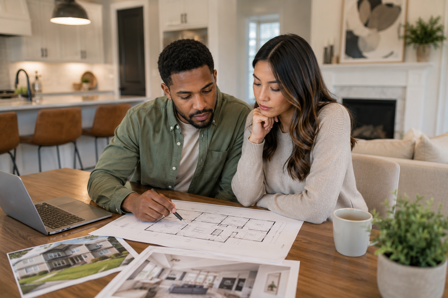 A young interracial couple sits at a dining table in a newer Greenville home reviewing floor plans and discussing how different spaces might support future life changes.