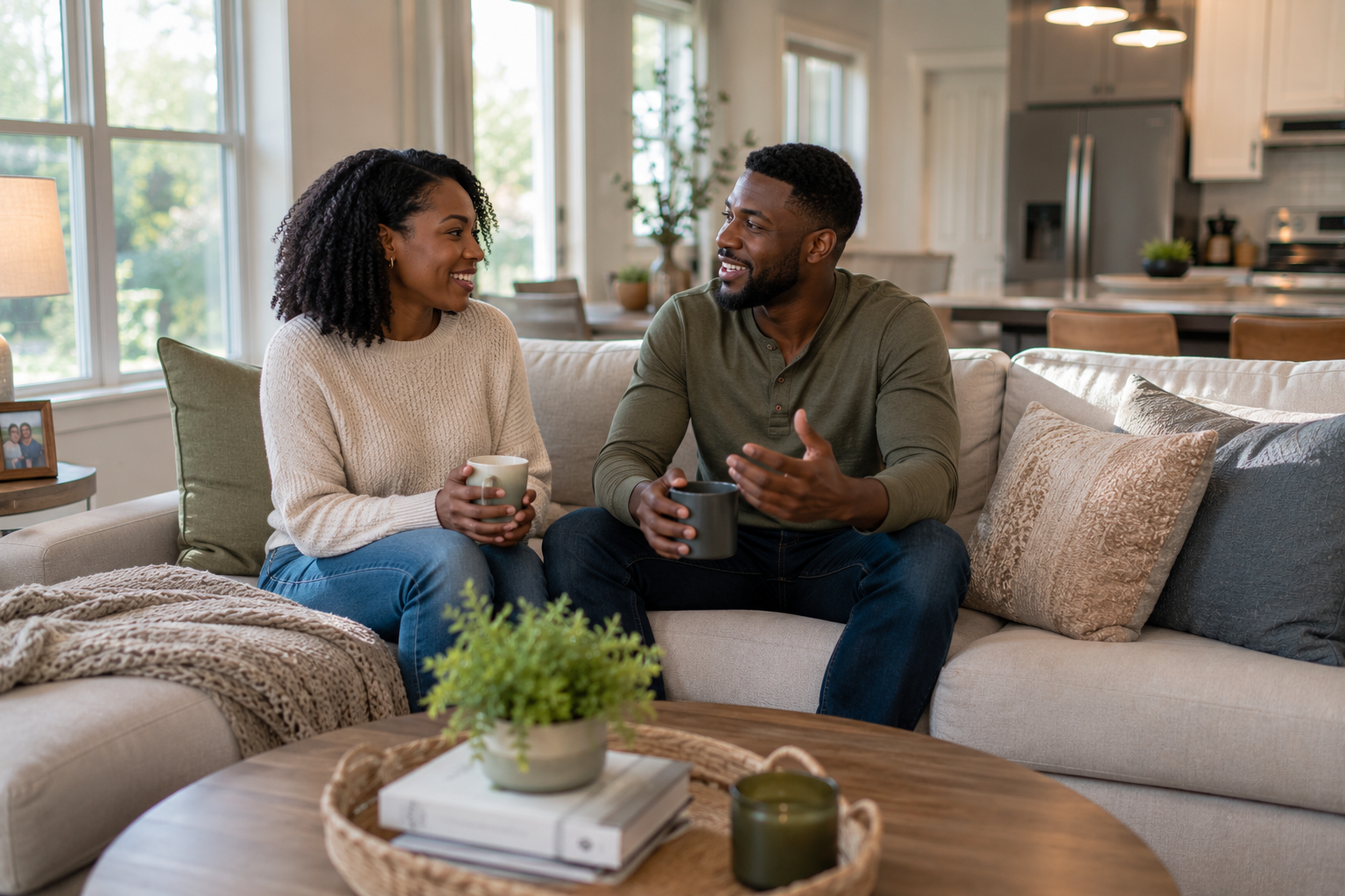 A Black couple relaxes in a bright living room of a newer Greenville home, talking comfortably while enjoying natural light and a layout that supports connection and everyday routines.