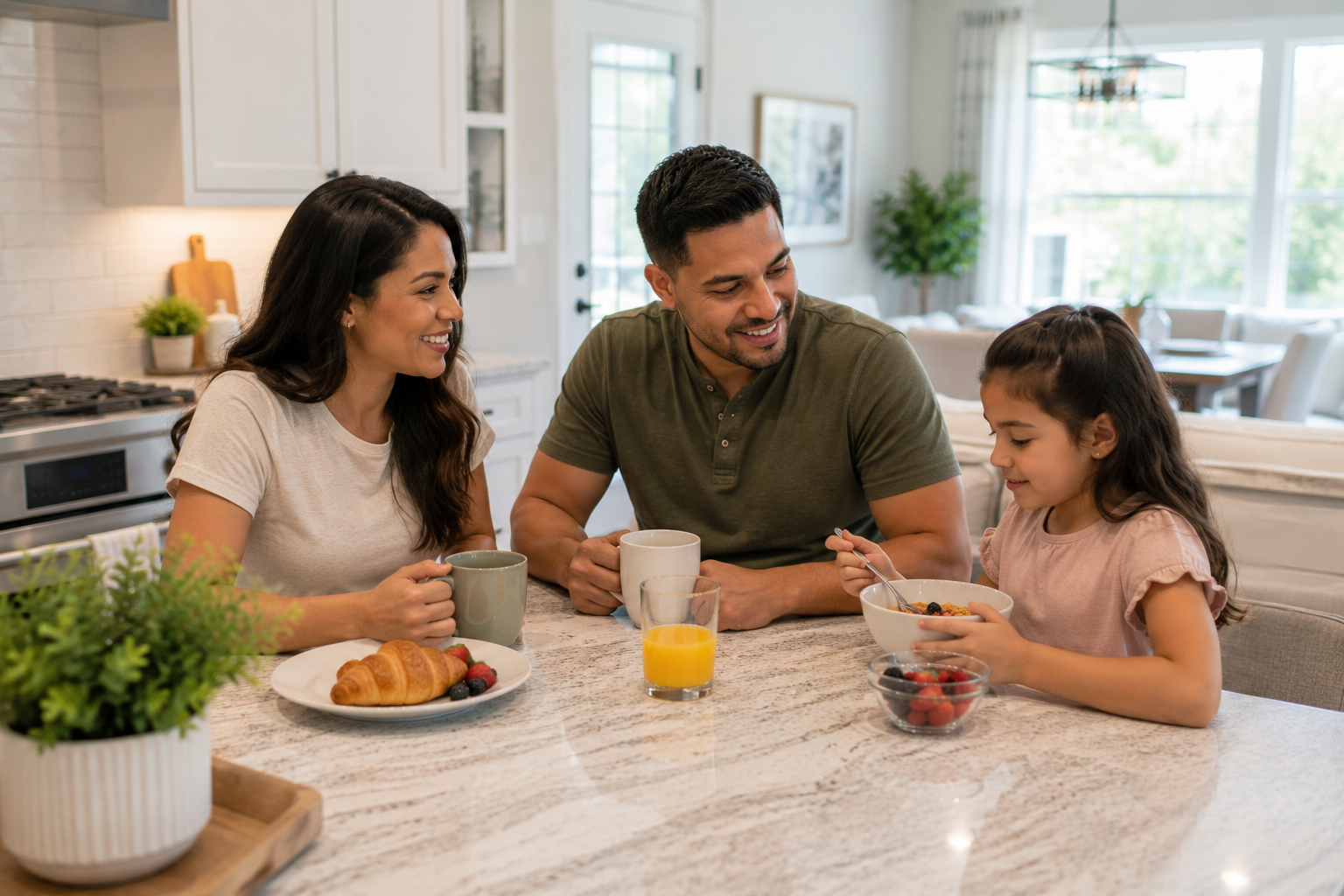 A Hispanic family enjoys a quiet breakfast together in a bright kitchen of a newer Simpsonville home, sharing conversation and beginning a typical weekday morning. A Hispanic family enjoys a quiet breakfast together in a bright kitchen of a newer Simpsonville home, sharing conversation and beginning a typical weekday morning.