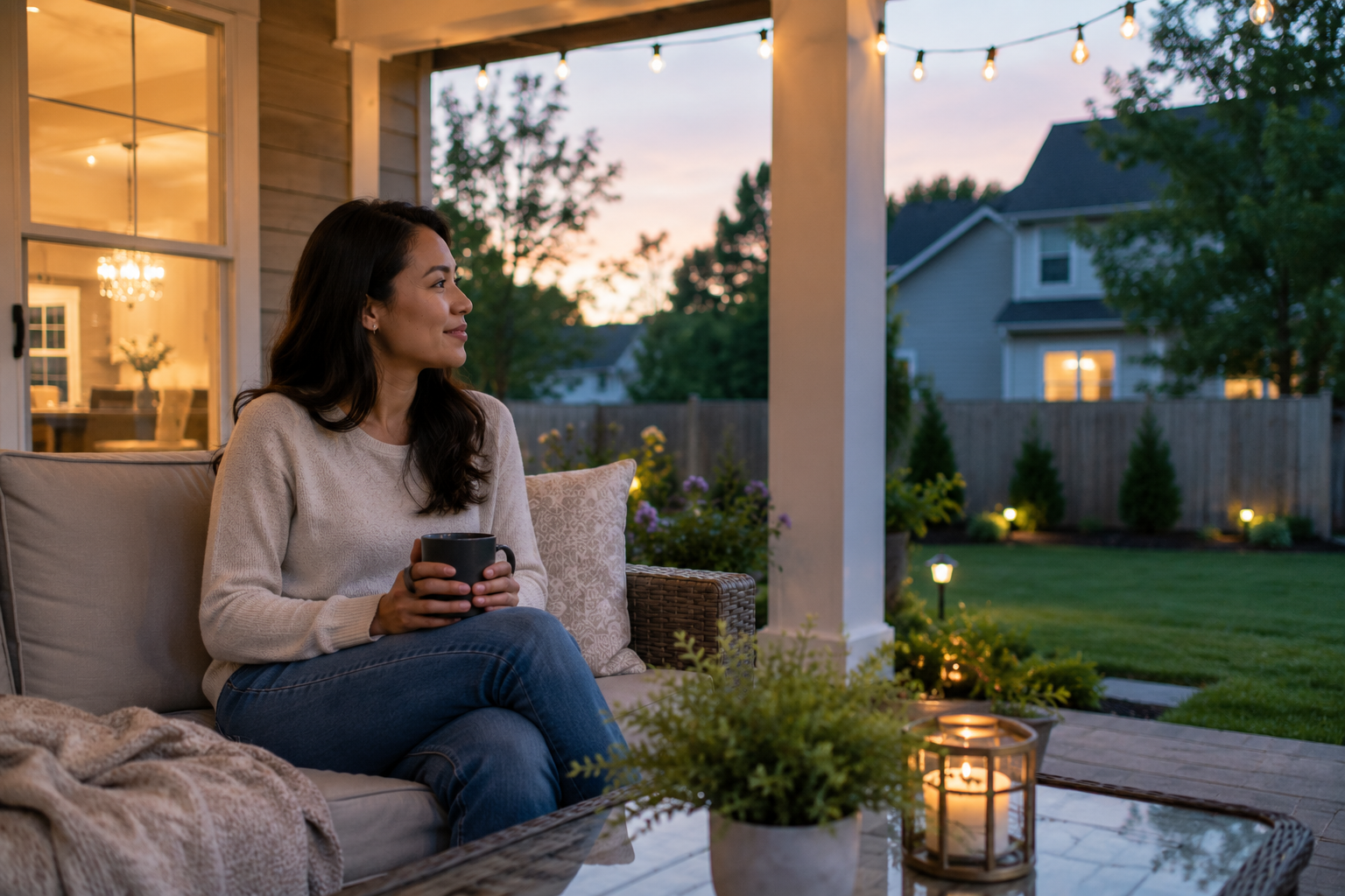 A single Asian woman sits comfortably on a covered back patio of a newer Fountain Inn home, enjoying a quiet evening while reflecting on the routines and lifestyle she wants to build. A single Asian woman sits comfortably on a covered back patio of a newer Fountain Inn home, enjoying a quiet evening while reflecting on the routines and lifestyle she wants to build.