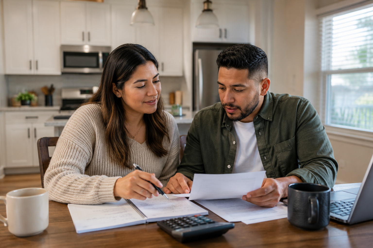A Hispanic couple in their early thirties sitting at a kitchen table in a newer home, reviewing financial notes and discussing future plans with thoughtful but hopeful expressions as they explore homeownership options. A Hispanic couple in their early thirties sitting at a kitchen table in a newer home, reviewing financial notes and discussing future plans with thoughtful but hopeful expressions as they explore homeownership options.