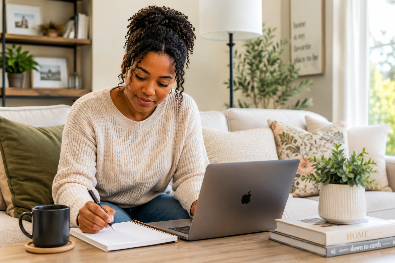 A Black woman in her early thirties sitting comfortably on a living room sofa with a notebook and laptop, reviewing financial goals and homeownership information while planning for her future in a calm and focused environment.