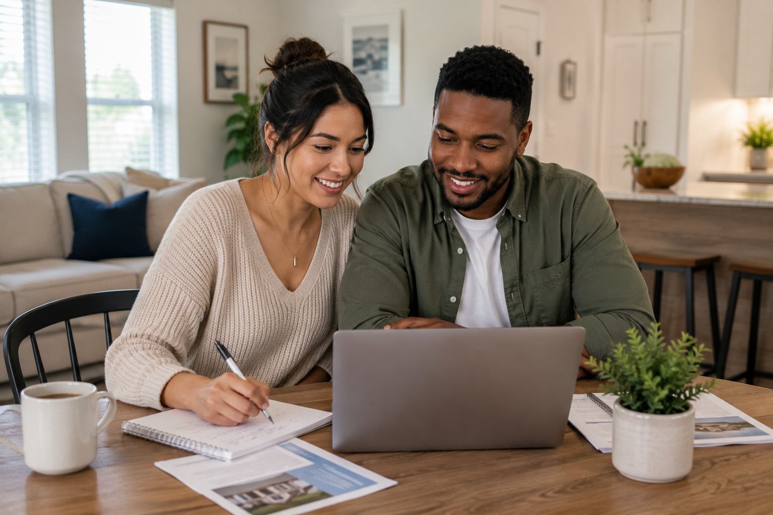 An interracial couple in their early thirties sitting together at a dining table with a laptop and handwritten notes, smiling softly as they review homeownership information and discuss future possibilities in a bright, comfortable home environment. An interracial couple in their early thirties sitting together at a dining table with a laptop and handwritten notes, smiling softly as they review homeownership information and discuss future possibilities in a bright, comfortable home environment.